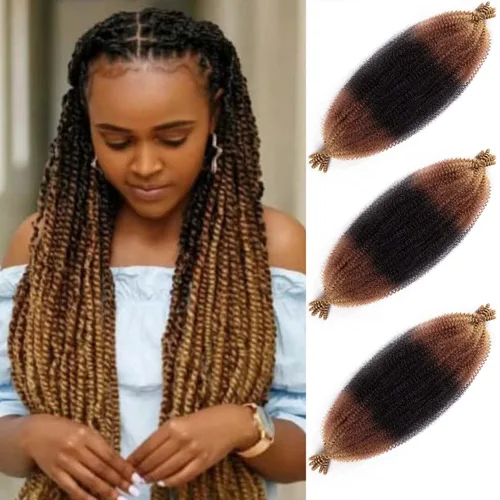 Miniatura 21 de Cabello afro trenzado elástico color marrón claro de 16 pulgadas, paquete de 3 T27, cabello afro preesponjado y trenzado elástico, cabello afro