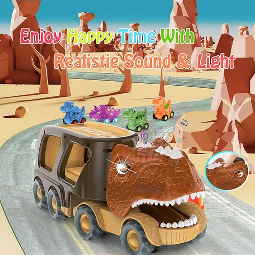 Miniatura 3 de Veslier Juego de camiones de dinosaurios para niños de 2, 3, 4, 5 años, camión transportador de fricción con 4 paquetes de pequeños coches