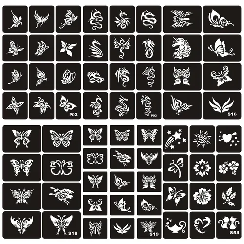 Kotbs 6 hojas de plantillas de tatuajes temporales para niños y niñas, 67 piezas de patrones de dragón de mariposa, kit de plantillas de henna para