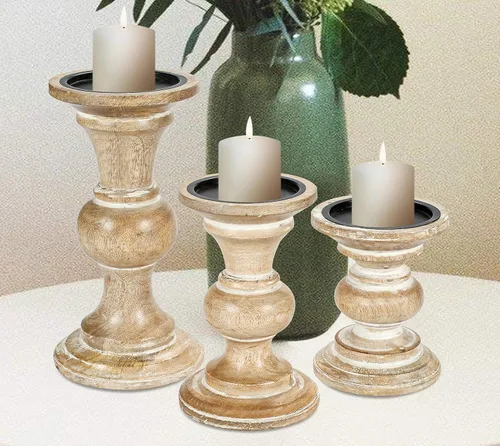 Miniatura 13 de Juego de 3 portavelas de pilar de madera hecho a mano, ideal para velas LED y pilares, regalo para bodas, Navidad, fiestas, hogar, spa, reiki