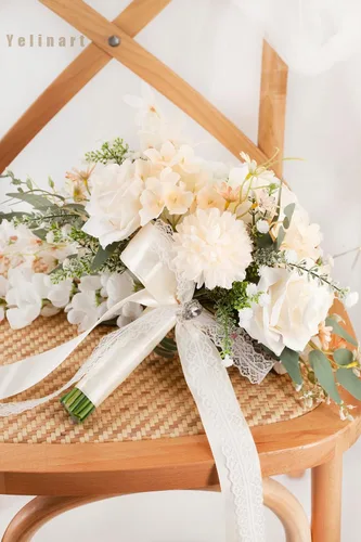 Miniatura 6 de Ramos de boda de champán de 11 pulgadas para novia, rosas artificiales blancas, ramo de flores en cascada para novia, rústico, bohemio, otoño
