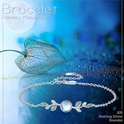 Miniatura 5 de ConBo Moonstone Leaf Bracelet S925 Sterling Silver Leaf Moonstone Jewelry Gift for Mother Mom Wife Moonstone Bracelet for Women Girls Birthday