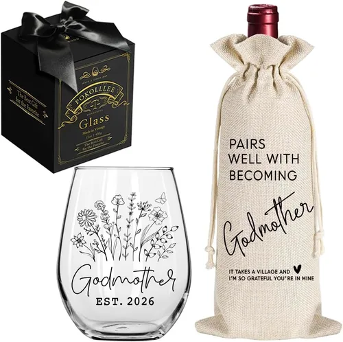 EST 2026 - Regalos de copa de vino para madrina para mujeres, regalo de madrina por primera vez, regalo de anuncio de embarazo, regalos de bautismo