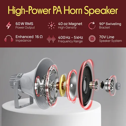 Miniatura 2 de Altavoz de bocina PA para interiores y exteriores, megáfono de sonido compacto de 12.7 pulgadas, 60 W, frecuencia de 400 Hz-5 KHzz, 16 ohmios