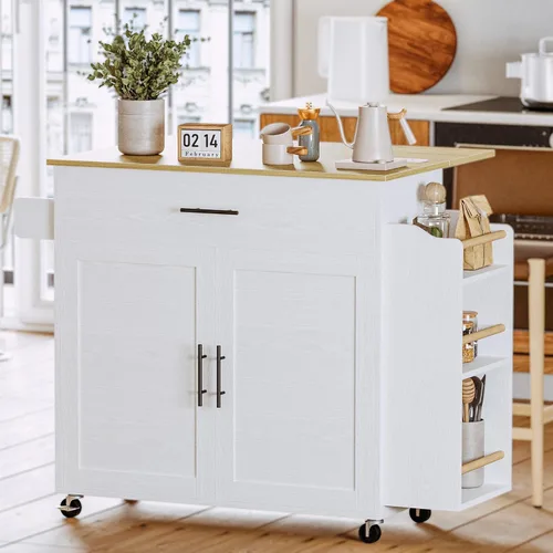 Miniatura 2 de IRONCK Isla de cocina con almacenamiento, isla de cocina rodante con hoja abatible, 3 estantes abiertos para especias, gabinete con puerta, cajón