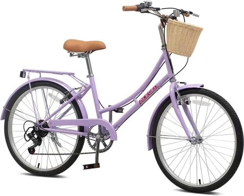 Miniatura 13 de ACEGER Girls Bike with Rattan Basket for 10+ Years, 24" 26" 1 & 7 Speed Comfort Commute Bicycle, Included Dual Brakes & Seat Rack, Adjustable