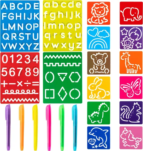 Juego de 22 plantillas de trazado del alfabeto para niños, plantillas de dibujo con resaltador de color, letras y números y bonitos tableros de