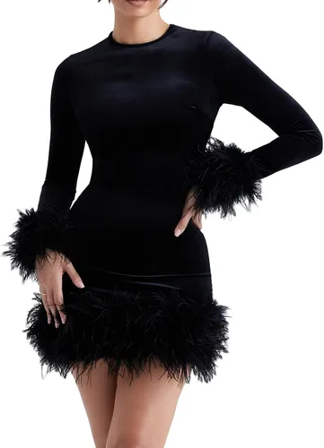 Vestido corto sexy de plumas para mujer, de manga larga, de piel sintética, de corte bajo, Y2K, para cóctel, fiesta