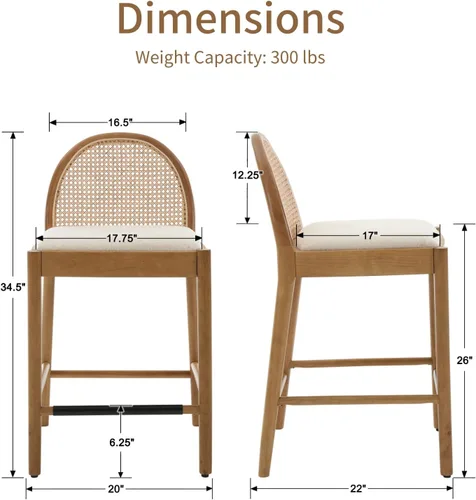 Miniatura 2 de HEAH-YO Taburetes de bar de ratán, juego de 2, taburetes de barra de 26 pulgadas de altura de mostrador con respaldos de ratán y patas de madera