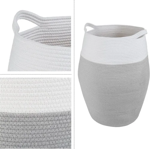 Miniatura 4 de Home-Complete - Cesta de lavandería curvada de cuerda de algodón con asas para sala de estar, dormitorio, baño, guardería y cuarto de servicio (gris)