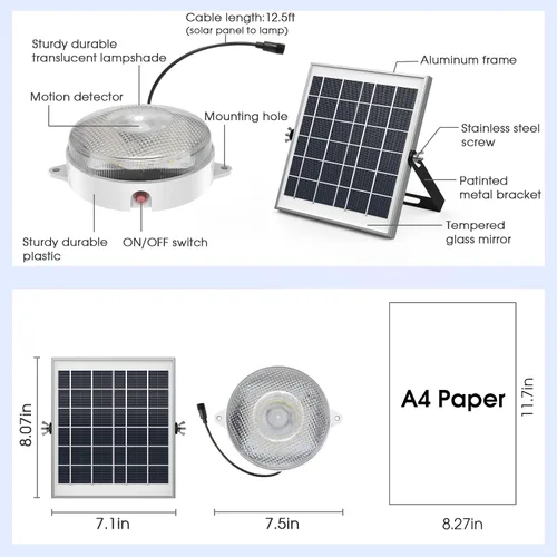 Miniatura 8 de Luz solar de techo con sensor de movimiento, regulable 6000 K/4000 K/3200 K, 5 modos disponibles durante el día, luces solares de cobertizo