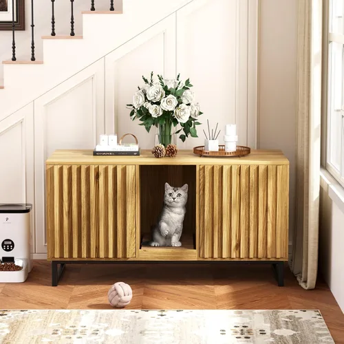 Miniatura 18 de Halitaa Caja de Arena para Gatos, Mueble Moderno de Caja de Arena para Gatos Caja de Arena Oculta con Almohadilla para Rascar, Mesa Auxiliar Casa