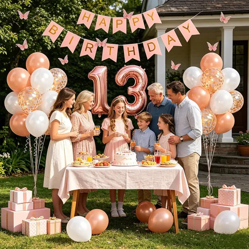 Miniatura 8 de 13th Birthday Decorations For Girls -Rose Gold Pearl White Balloons, 32 Inch Rose Gold "13" Balloon, 3D Butterflies Stickers, Happy Birthday Banner