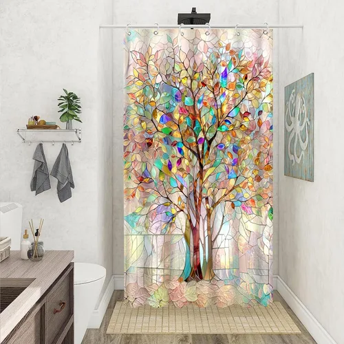 Cortina de ducha con diseño de árbol de la vida, cortina de ducha de vidrio emplomado, cortinas de ducha artística para baño, juego de cortina de