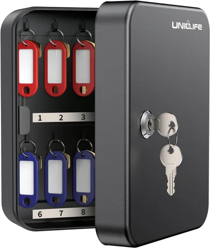 Uniclife Gabinete de llaves de 20 posiciones con cerradura de llave montada en la pared, caja de almacenamiento de seguridad negra, organizador de