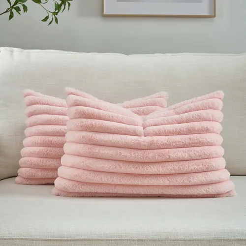 Miniatura 57 de FUTEI - Juego de 2 fundas de almohada decorativas con rayas, cuadradas, para invierno, piel sintética de conejo suave y acogedora y respaldo