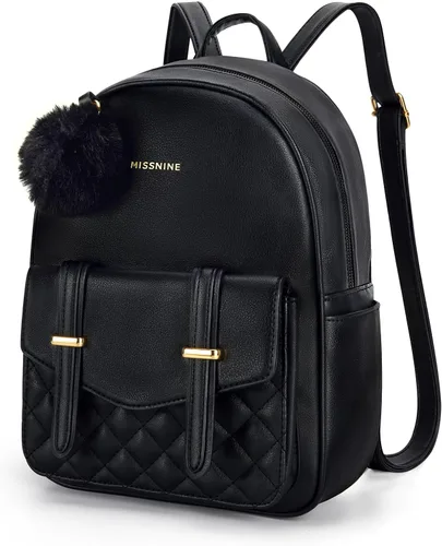 Missnine Mini mochila para mujer, bonita mochila pequeña con pompón, de piel sintética, mini mochilas casuales para damas, 1-negro, Casual Chic