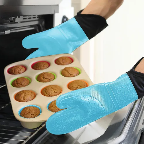 Miniatura 8 de HOMWE - Manopla de horno profesional y extralarga de silicona, guantes con forro acolchado, agarraderas resistentes al calor, guantes flexibles