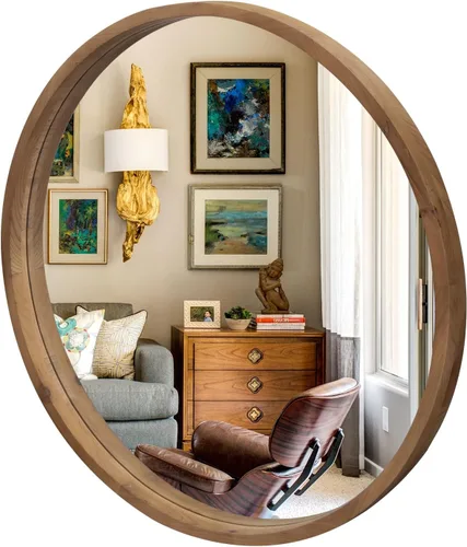 Miniatura 11 de Espejo redondo de madera de 35 pulgadas, espejo de pared circular rústico con biselado, espejos redondos de madera para decoración de pared, espejos