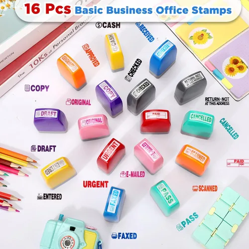Miniatura 2 de Yeaqee Juego de 16 sellos de goma autoentintados para oficina, aprobado, copia, fax, mensaje escaneado, cuenta, negocios, sellos de papel, trabajo