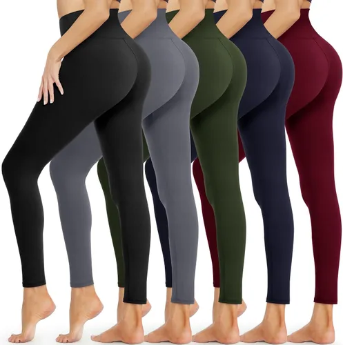Opuntia Paquete de 5 leggings para mujer, cintura alta, control de abdomen, suaves, color negro, pantalones de yoga adelgazantes para entrenamiento