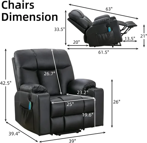 Miniatura 2 de Bonzy Home Silla elevadora extra ancha de 26" con calor y masaje, sillón reclinable elevador eléctrico de cuero sintético con masaje para adultos