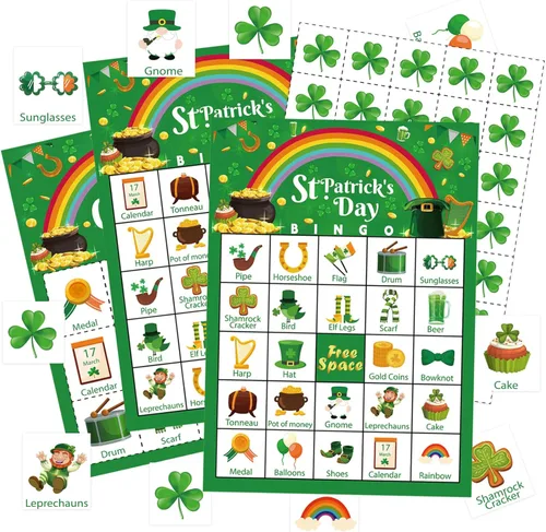 Tarjetas de juegos de bingo del día de San Patricio para adultos, niños y niñas, 24 jugadores, fiesta del día de San Patricio, juegos de bingo de