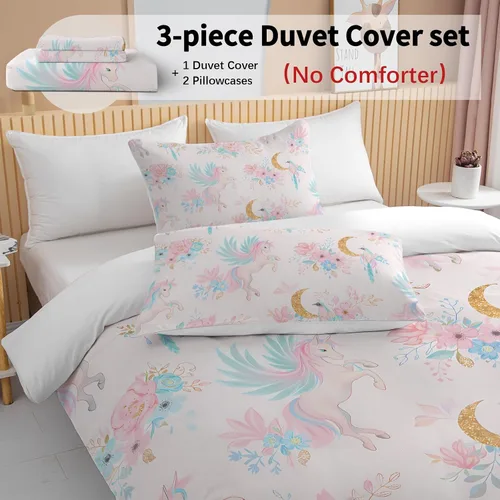 Miniatura 3 de BEDMUST Funda de edredón de unicornio tamaño individual, suave y lindo juego de ropa de cama de unicornio rosa con hojas de flores y pájaros azules