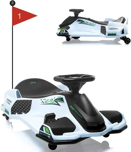 Coche de deriva eléctrico de 12 V, para niños, velocidad variable alta/baja con 5 ruedas, música incorporada, luz LED delantera y trasera, alarma de