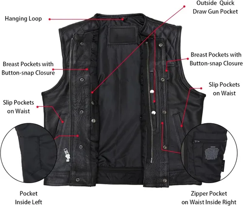 Miniatura 4 de GARGOYLE BELLS Chaleco de cuero para hombre, estilo SOA, con bolsillos para pistolas, chaleco para motociclista, para hombre