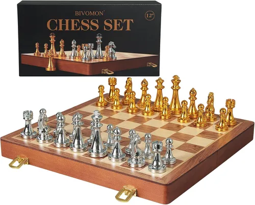 Miniatura 8 de BIVOMON Juego de ajedrez de metal para adultos y niños, tablero de ajedrez de madera plegable de 12 pulgadas con piezas de ajedrez de metal, juego