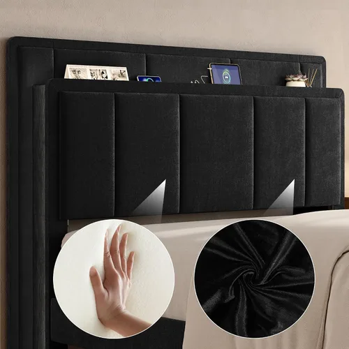 Miniatura 4 de Base de cama de almacenamiento de tamaño matrimonial, cama de plataforma tapizada con 2 cajones, cabecera de canal vertical de terciopelo con luces