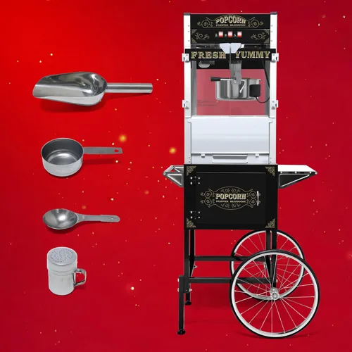 Miniatura 6 de Máquina comercial de palomitas de maíz con carrito y hervidor de 20 onzas, máquina vintage de palomitas de maíz de 1440 W sobre ruedas con vidrio