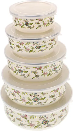 BESTonZON 5 cuencos esmaltados, cuencos esmaltados en acero con tapas, recipientes de comida retro para sopa vintage con tapas, mezcla con