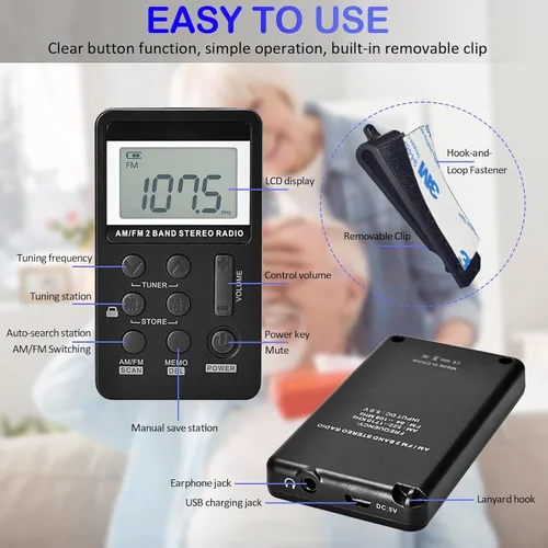 Miniatura 4 de Radio de bolsillo portátil AM/FM con pantalla LCD de sintonización digital, mini radio recargable SWDSTP con auriculares estéreo y clip de cinturón