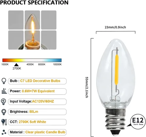 Miniatura 2 de Paquete de 2 cables de accesorios encadenables con bombilla LED C7, cable de luz de molde soplado interior de 6 ft con enchufes macho y hembra