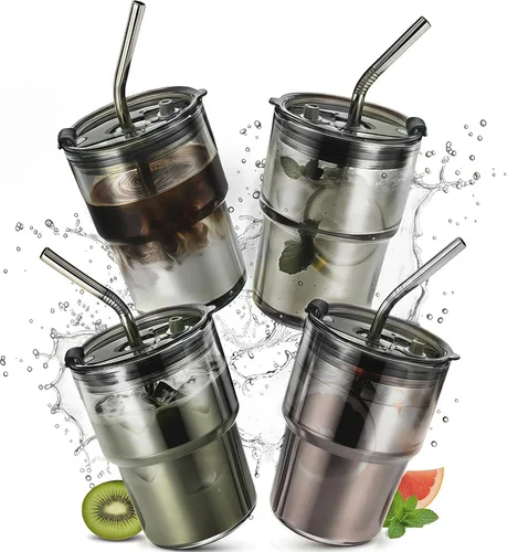 Miniatura 11 de Paquete de 2 vasos de vidrio con tapa y pajita de 13 onzas, lindo juego de tazas de café helado a granel, batido, jugo, matcha, té, capuchino, agua