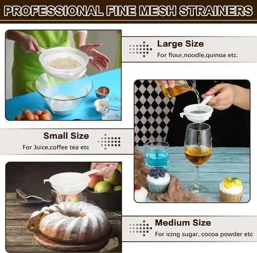Miniatura 5 de 3 piezas de colador de malla de nylon de plástico con mango, colador de malla fina doble para alimentos, tamizador de harina para hornear, colador