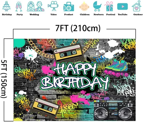 Miniatura 3 de Mocsicka Graffiti Telón de Fondo de los Años 80 y 90 Urbano Retro Fiesta de Cumpleaños Fondo de los Años 80 y 90 Hip Hop Rock Fiesta Decoración