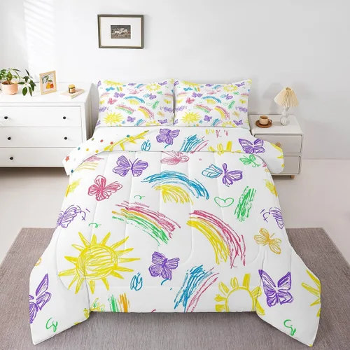 Miniatura 22 de Juego de Edredón de Princesa de Ballet para Niñas Tamaño Individual, Juego de Ropa de Cama de Castillo Arcoíris Kawaii Flores Lindas Mariquita Multi