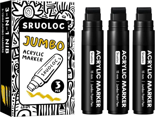 SRUOLOC 3 Rotuladores Permanentes Jumbo Negros, Punta Ancha de 15mm de Grosor, Rotuladores de Pintura Acrílica Grandes para Pintura en Roca, Póster,