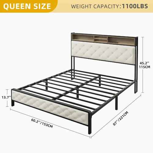 Miniatura 2 de DWVO Base de cama tamaño Queen con estación de carga, cama de plataforma tapizada con cabecera de almacenamiento, listones de metal resistentes,