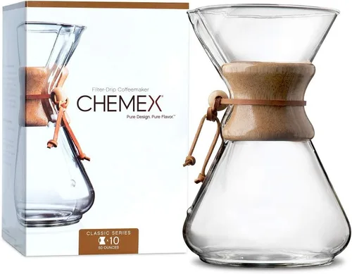 Miniatura 2 de Chemex Cafetera de vidrio para verter - Serie clásica - 10 tazas - Embalaje exclusivo Cafetera manual grande del goteo, vidrio de borosilicato
