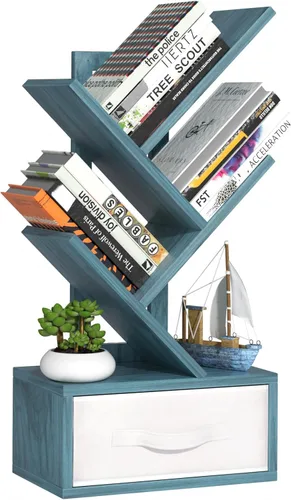 Miniatura 33 de SHEEPAM - Estantería pequeña con cajón, estantería de 4 niveles en forma de árbol en color negro, estantería de escritorio de madera, estanterías