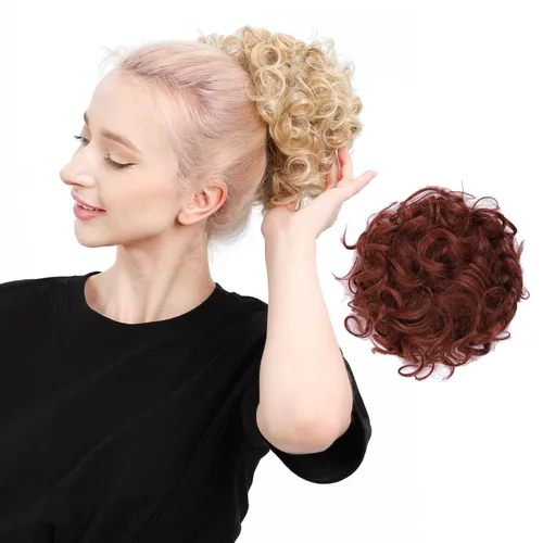Miniatura 14 de Moño de cabello rizado desordenado, pieza de cabello sintético resistente al calor, extensiones de moño de cabello despeinado con cordón Updos Negro
