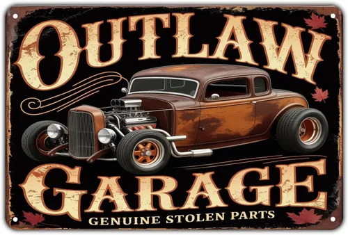 Outlaw Garage Hot Rod - Letrero de metal para automóvil, diseño vintage para jardín, patio, bar, porche, hogar, dormitorio, cocina, decoración de