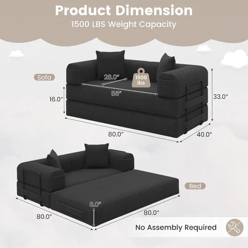Miniatura 2 de Sofá cama convertible de 80 pulgadas, sofá cama modular 5 en 1 sin hueso con marco fijo y almohada de respaldo extraíble, sofá futón de pana lavable