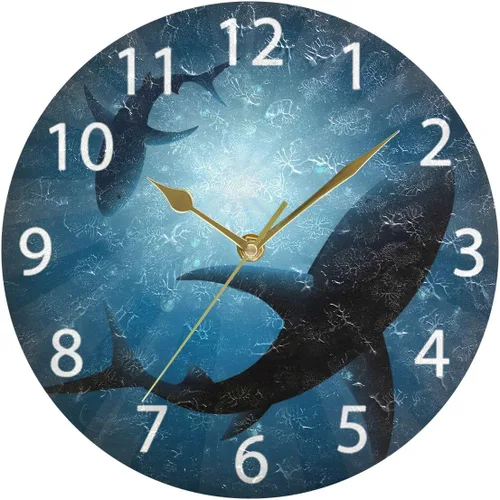 Miniatura 5 de senya Reloj de pared redondo de tiburones bajo el agua, pintura al óleo silenciosa sin tictac, decorativo para el hogar, oficina, escuela, reloj