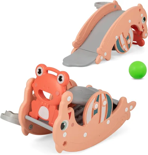 Miniatura 10 de Costzon - Juego de tobogán para niños pequeños de 5 en 1, juguete con columpio, tobogán para niños con taburete desmontable, aro de baloncesto