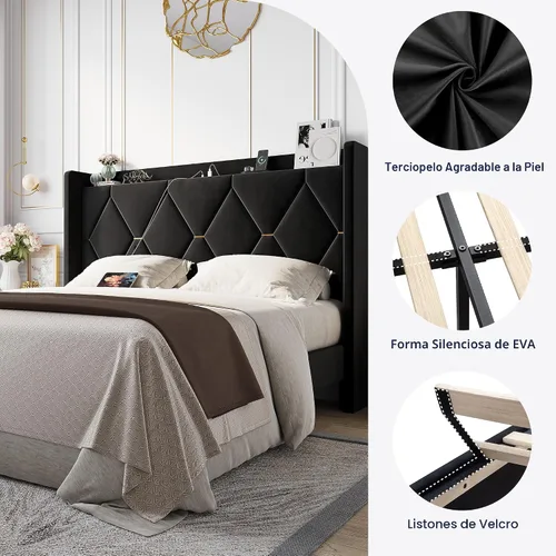 Miniatura 6 de Allewie Base de cama tapizada Velvet Queen con cabecera de almacenamiento con respaldo alado y estación de carga, cama de plataforma con diseño Negro